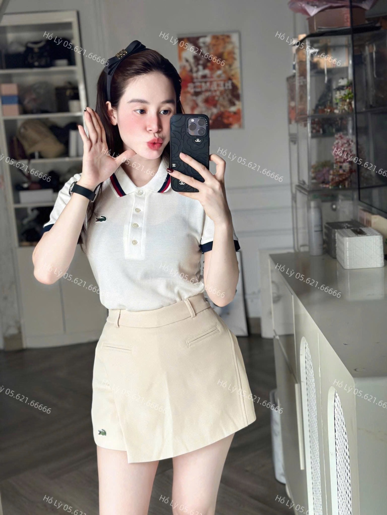 ANU202 - ÁO POLO NỮ TRẮNG LASCOTE CỔ VIỀN ĐEN ĐỎ