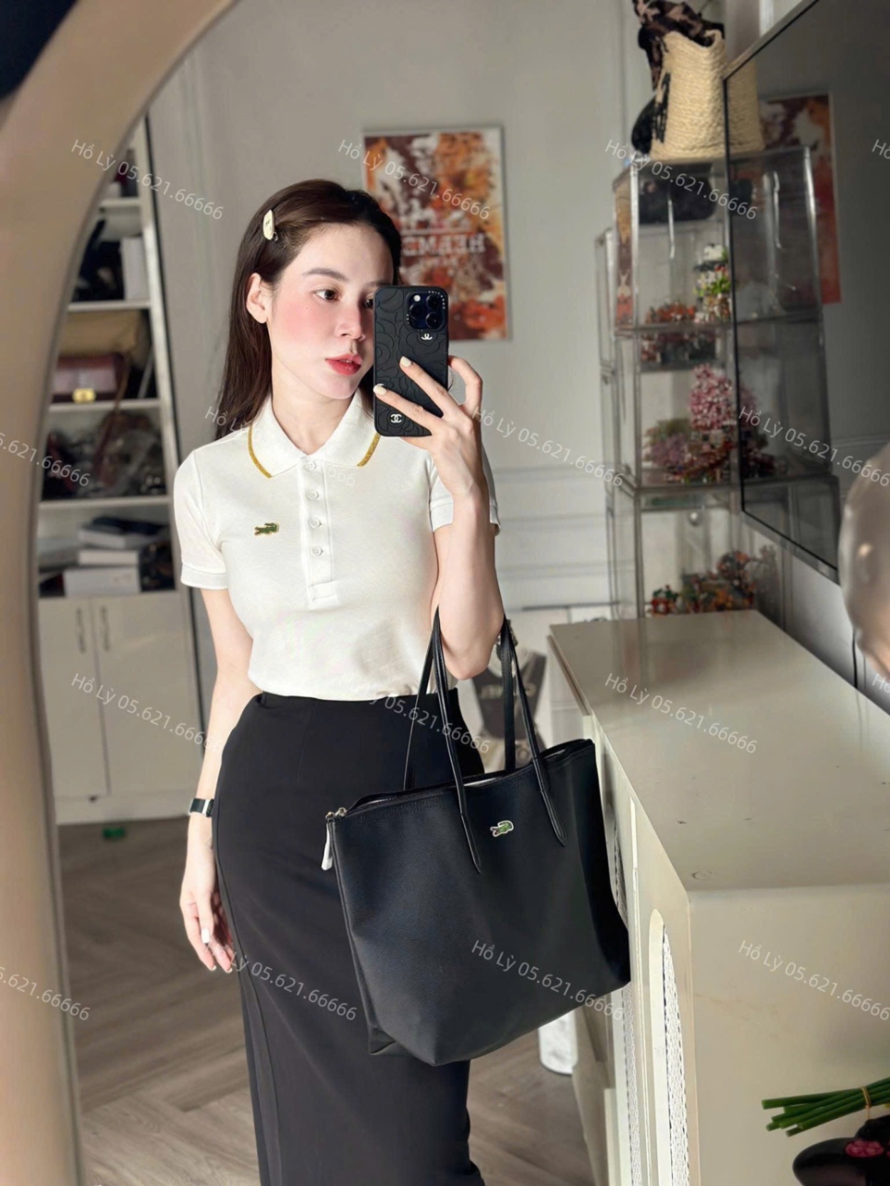 ANU206 - ÁO POLO NỮ LASCOTE TRẮNG CỔ VIỀN VÀNG