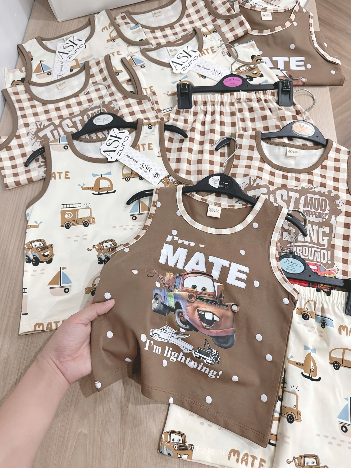 T627 - SET 3 BỘ ĐÙI BÉ TRAI BA LỖ OTO nâu be