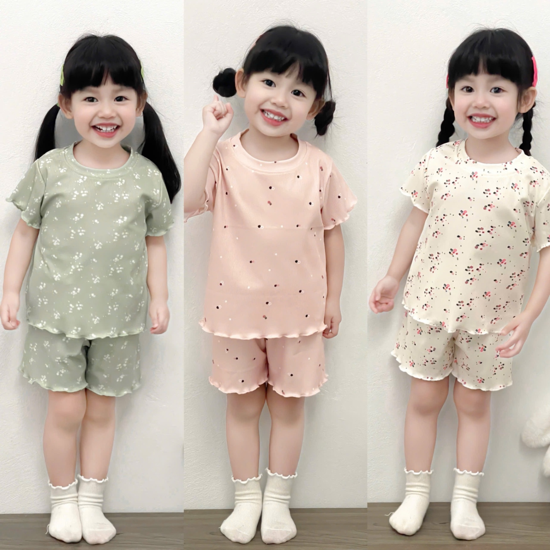 G579 - SET 3 BỘ ĐÙI BÉ GÁI HOA NHÍ VIỀN BÈO xanh hồng trắng