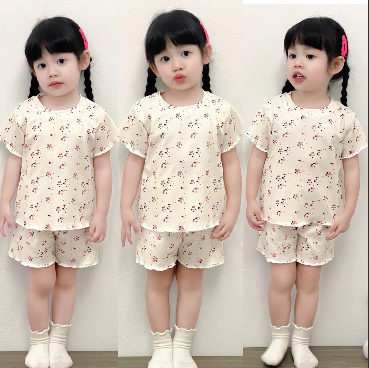 G579 - SET 3 BỘ ĐÙI BÉ GÁI HOA NHÍ VIỀN BÈO xanh hồng trắng