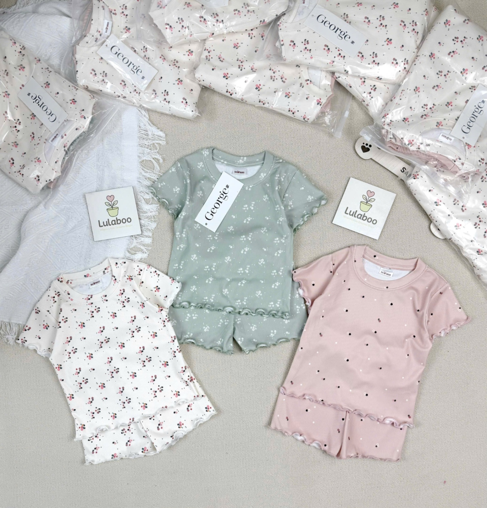 G579 - SET 3 BỘ ĐÙI BÉ GÁI HOA NHÍ VIỀN BÈO xanh hồng trắng