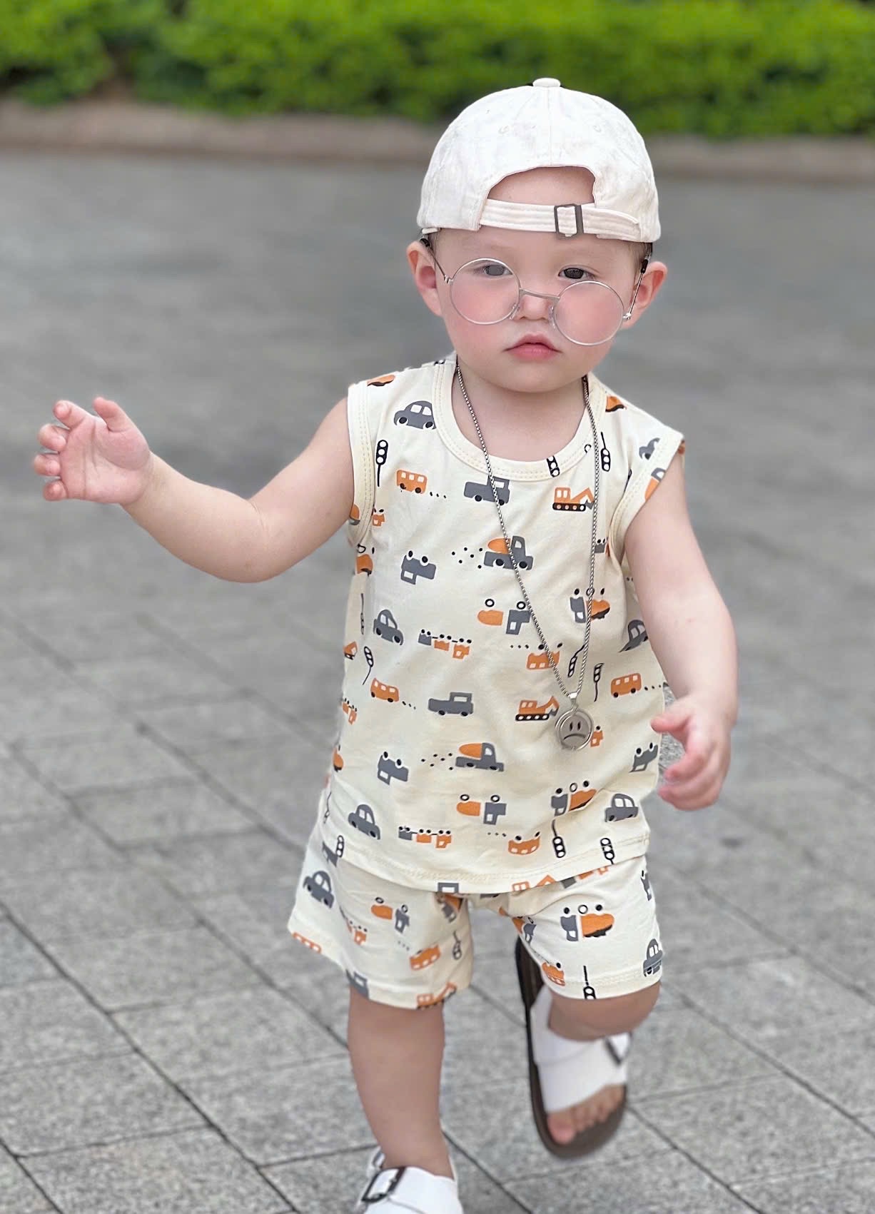 T633 - SET 3 BỘ ĐÙI BÉ TRAI OTO BA LỖ nâu be kẻ