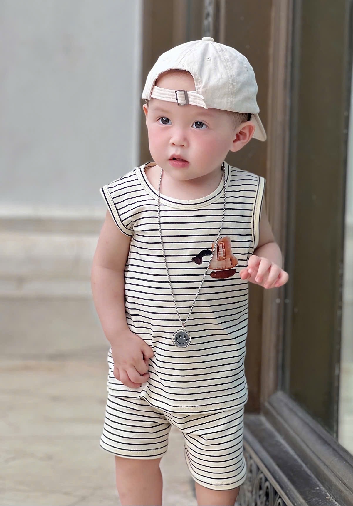 T633 - SET 3 BỘ ĐÙI BÉ TRAI OTO BA LỖ nâu be kẻ