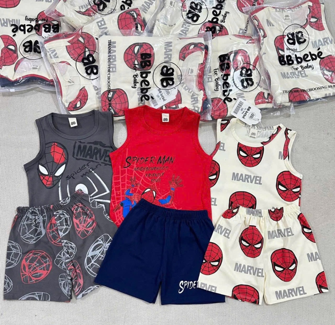 T634 - SET 3 BỘ ĐÙI BÉ TRAI BA LỖ MARVEL đỏ xám be