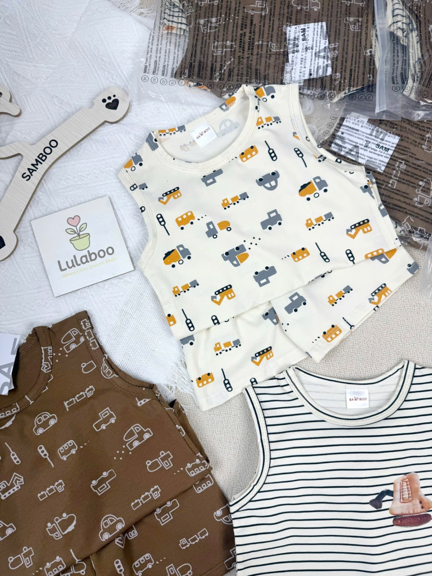 T633 - SET 3 BỘ ĐÙI BÉ TRAI OTO BA LỖ nâu be kẻ