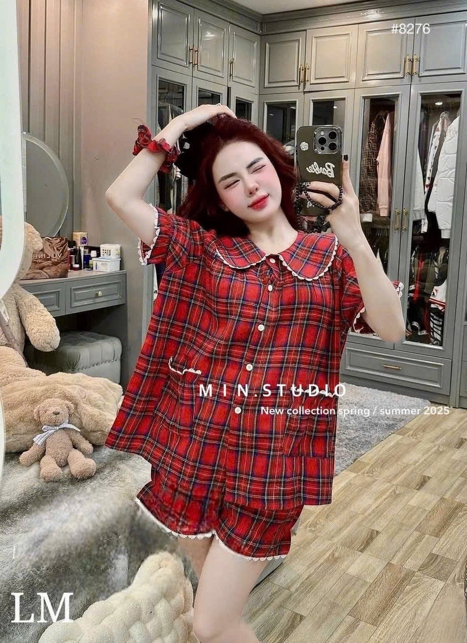 S945 - BỘ ĐÙI NỮ KẺ CARO ĐỎ ĐEN CỔ SEN VIỀN REN