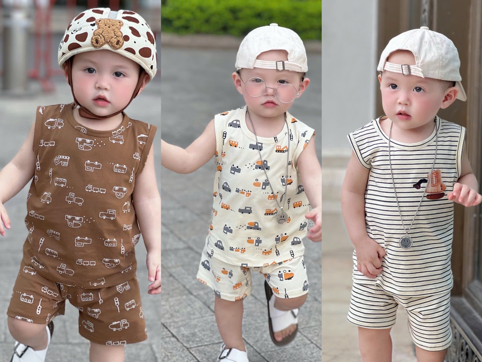 T633 - SET 3 BỘ ĐÙI BÉ TRAI OTO BA LỖ nâu be kẻ