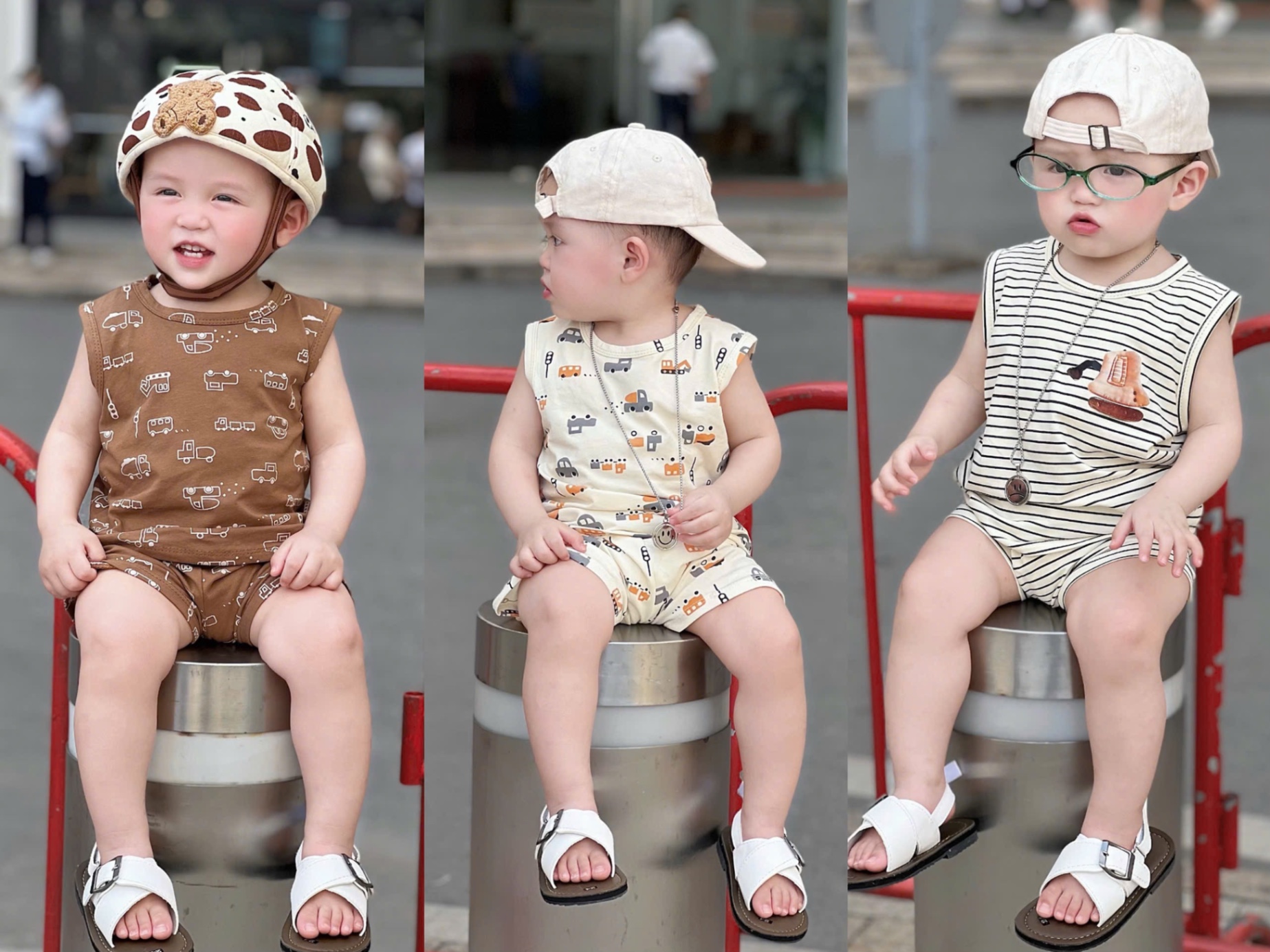 T633 - SET 3 BỘ ĐÙI BÉ TRAI OTO BA LỖ nâu be kẻ