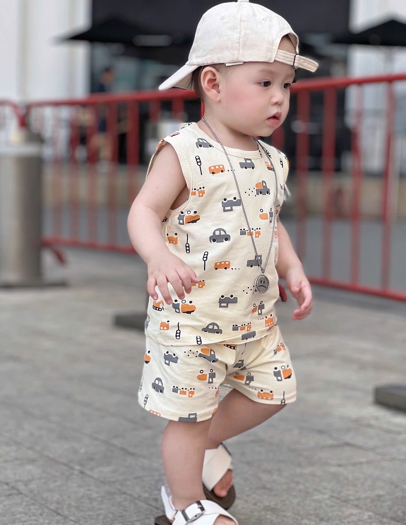 T633 - SET 3 BỘ ĐÙI BÉ TRAI OTO BA LỖ nâu be kẻ
