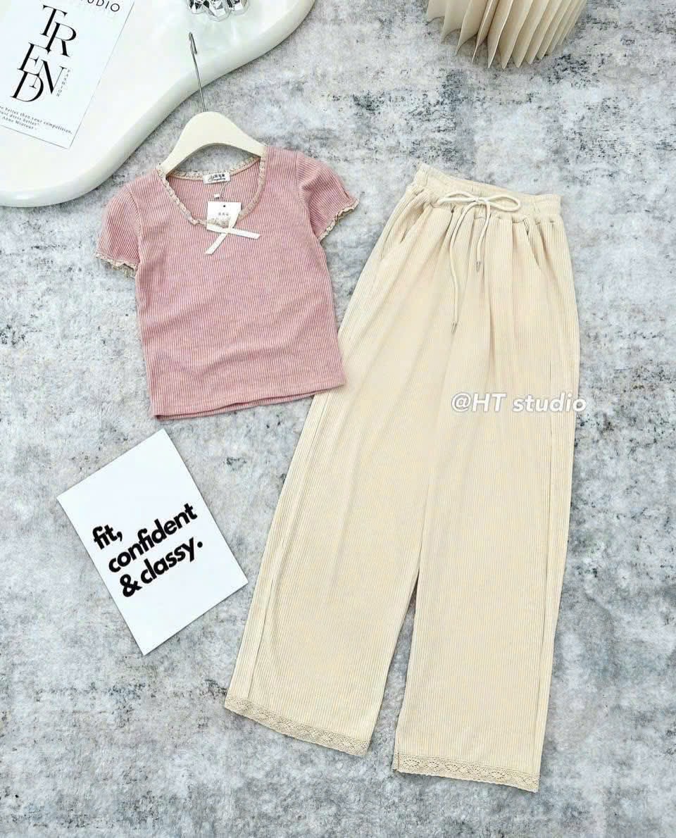 S948 - BỘ NỮ ÁO TĂM HỒNG NƠ REN QUẦN SUÔNG BE