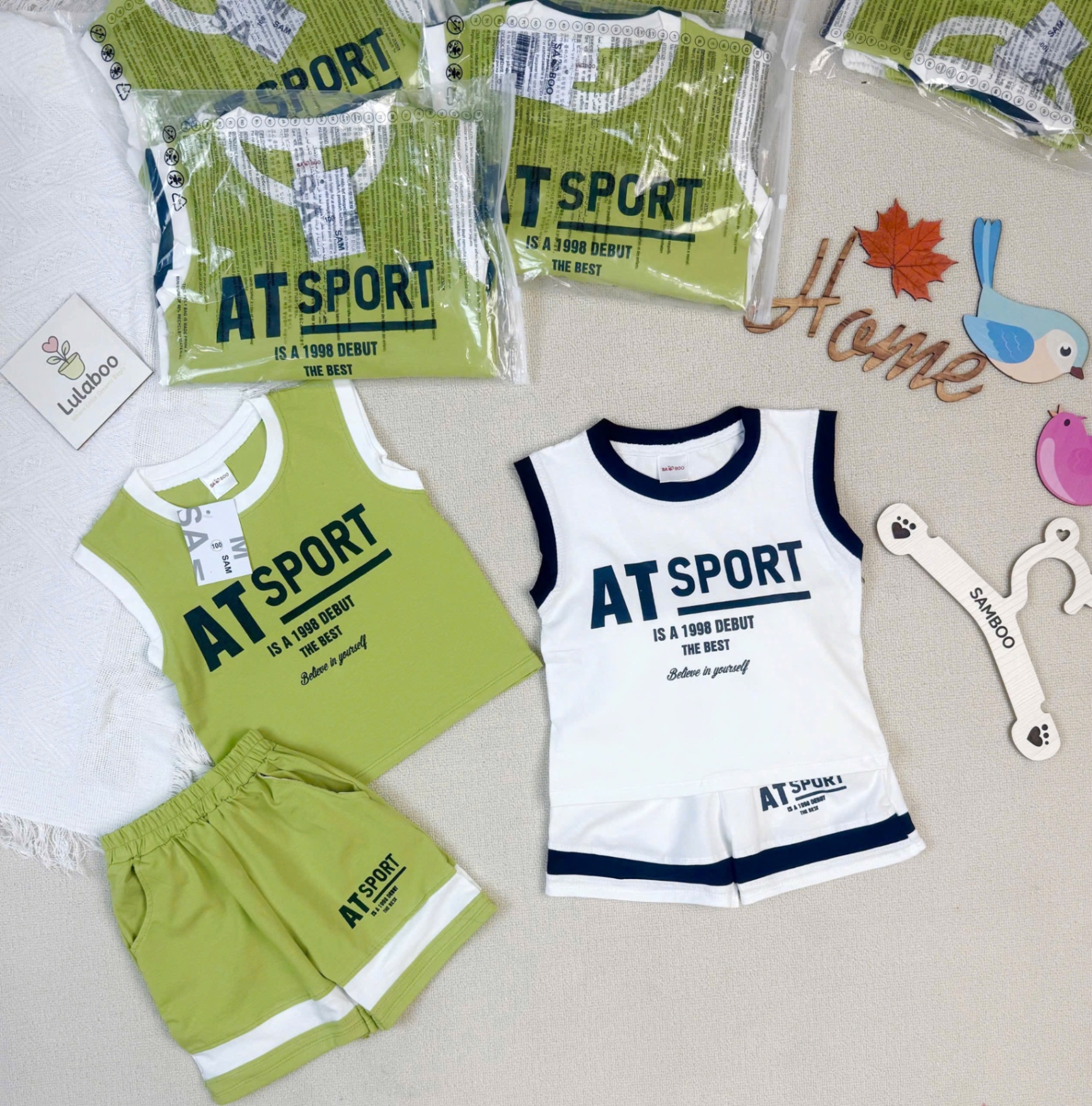 T635 - SET 2 BỘ ĐÙI BÉ TRAI BA LỖ SPORT xanh chuối trắng