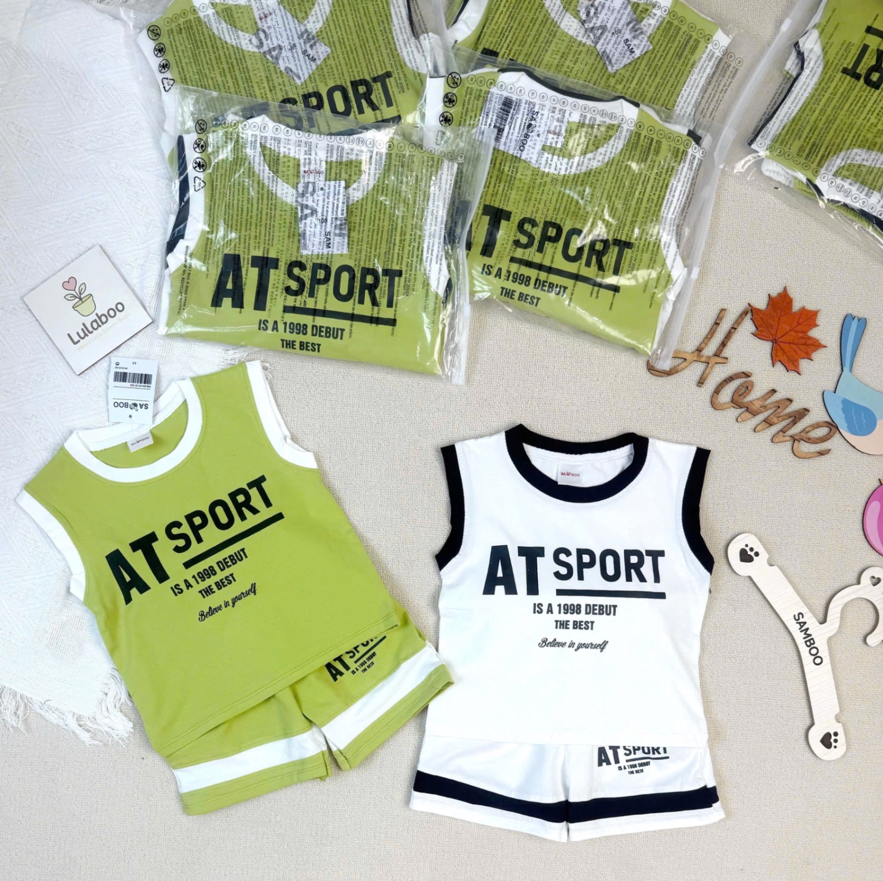 T635 - SET 2 BỘ ĐÙI BÉ TRAI BA LỖ SPORT xanh chuối trắng