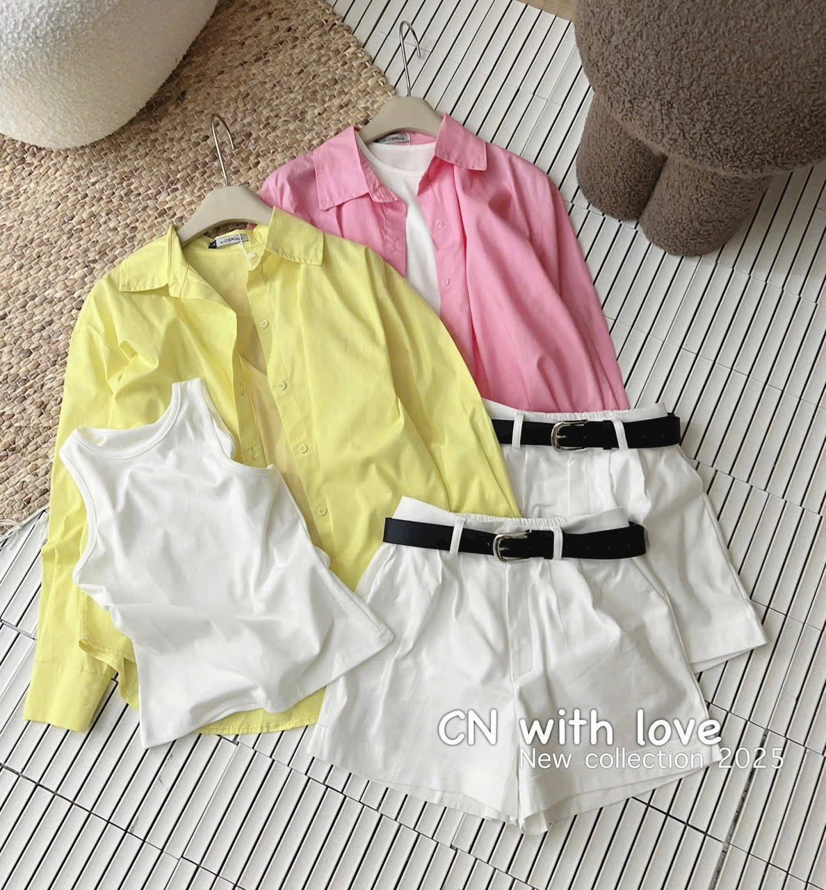 S950 - SET NỮ 3CT ÁO SƠ MI + ÁO BA LỖ MIX SOOC KÈM ĐAI