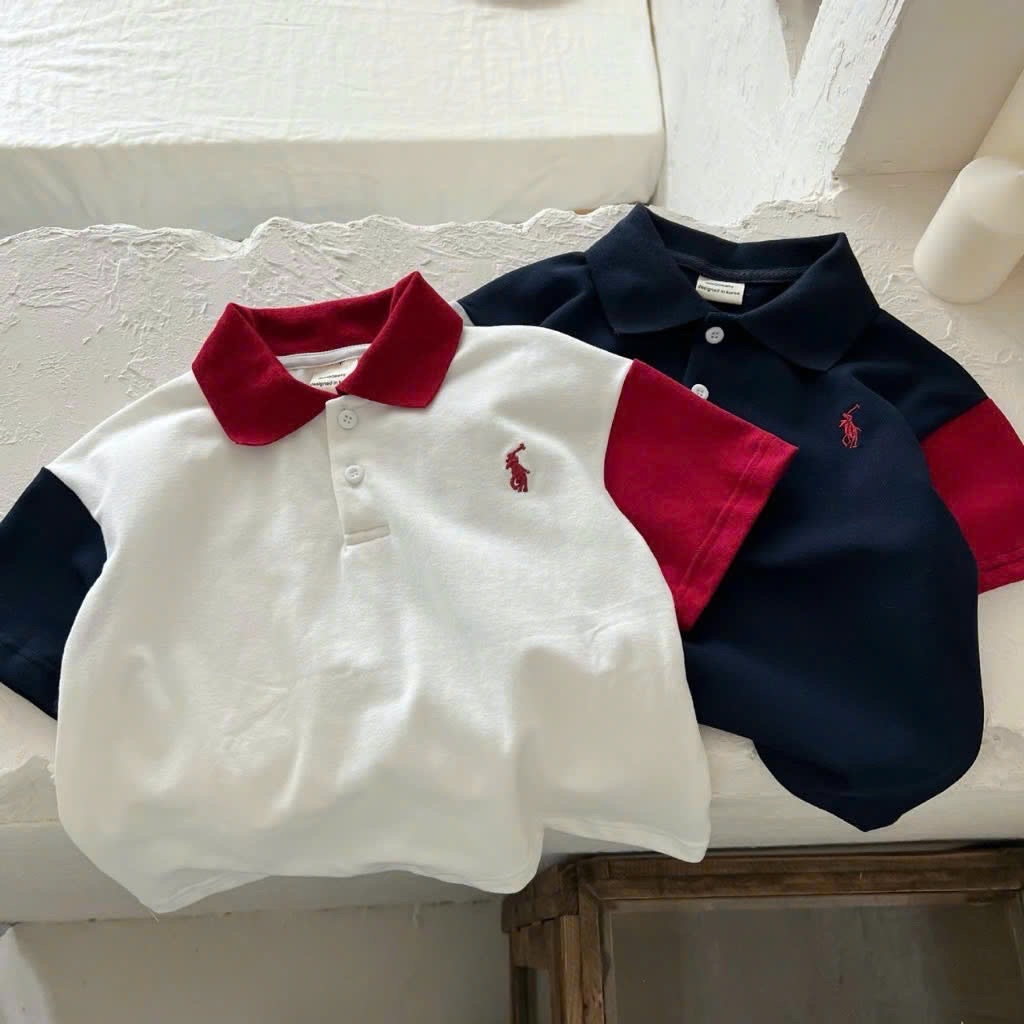 AB715 - SET 2 ÁO POLO BÉ TRAI KỊ SĨ TRẮNG THAN PHỐI ĐỎ