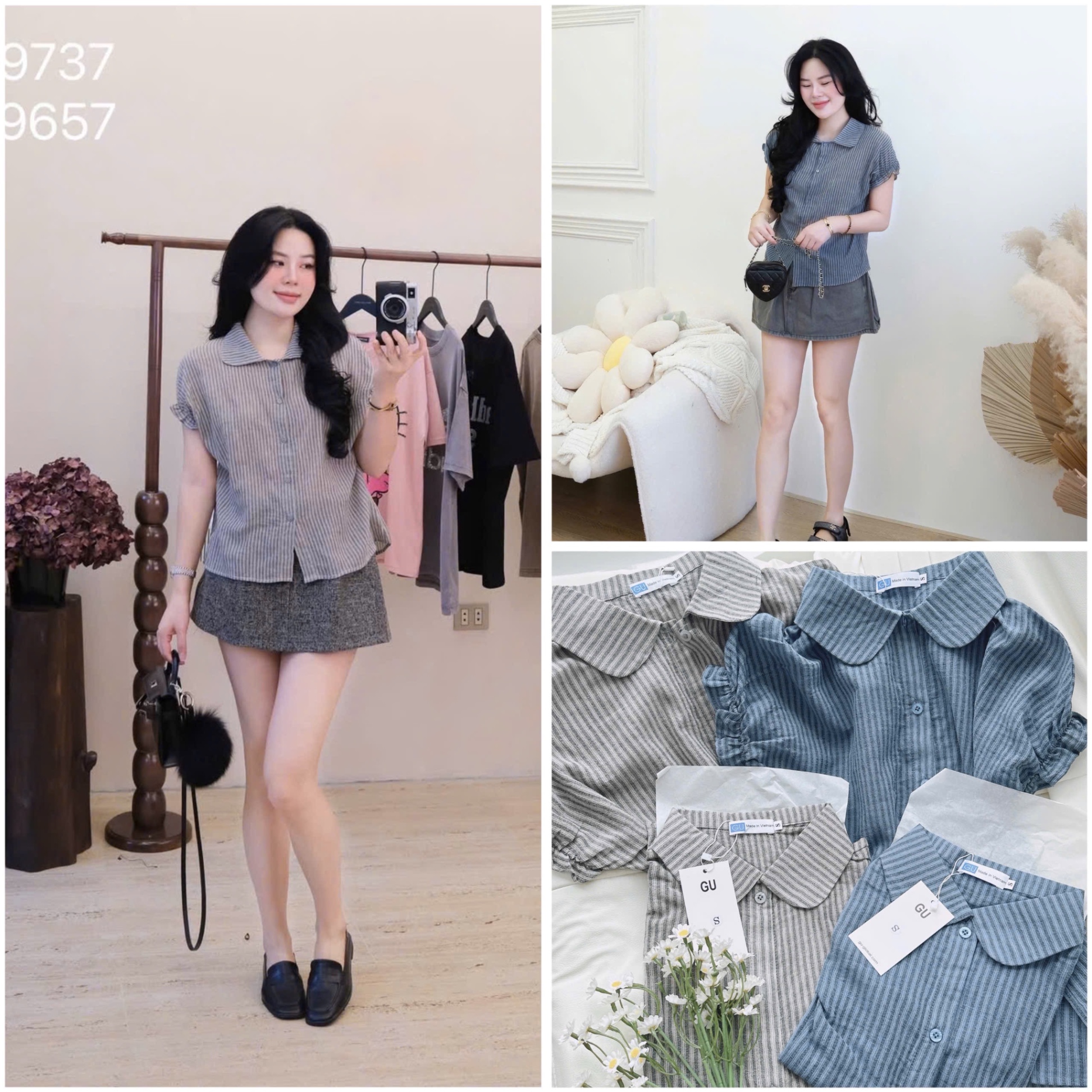 ANU211 - ÁO SƠ MI NỮ GU SỌC CỔ SEN TAY CHUN BÈO