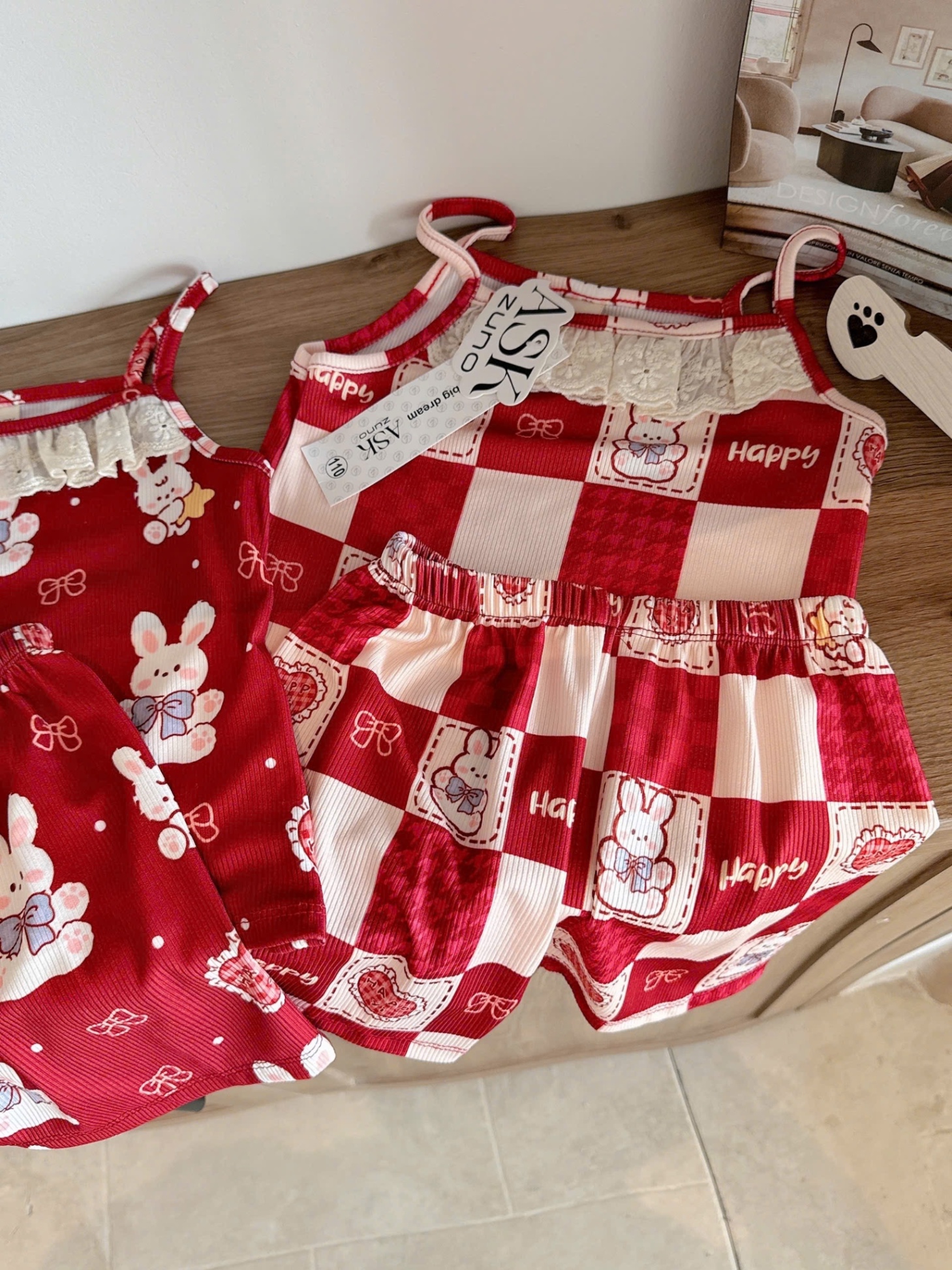G582 - SET 2 BỘ ĐÙI BÉ GÁI TĂM 2S THỎ NƠ HAPPY ĐỎ