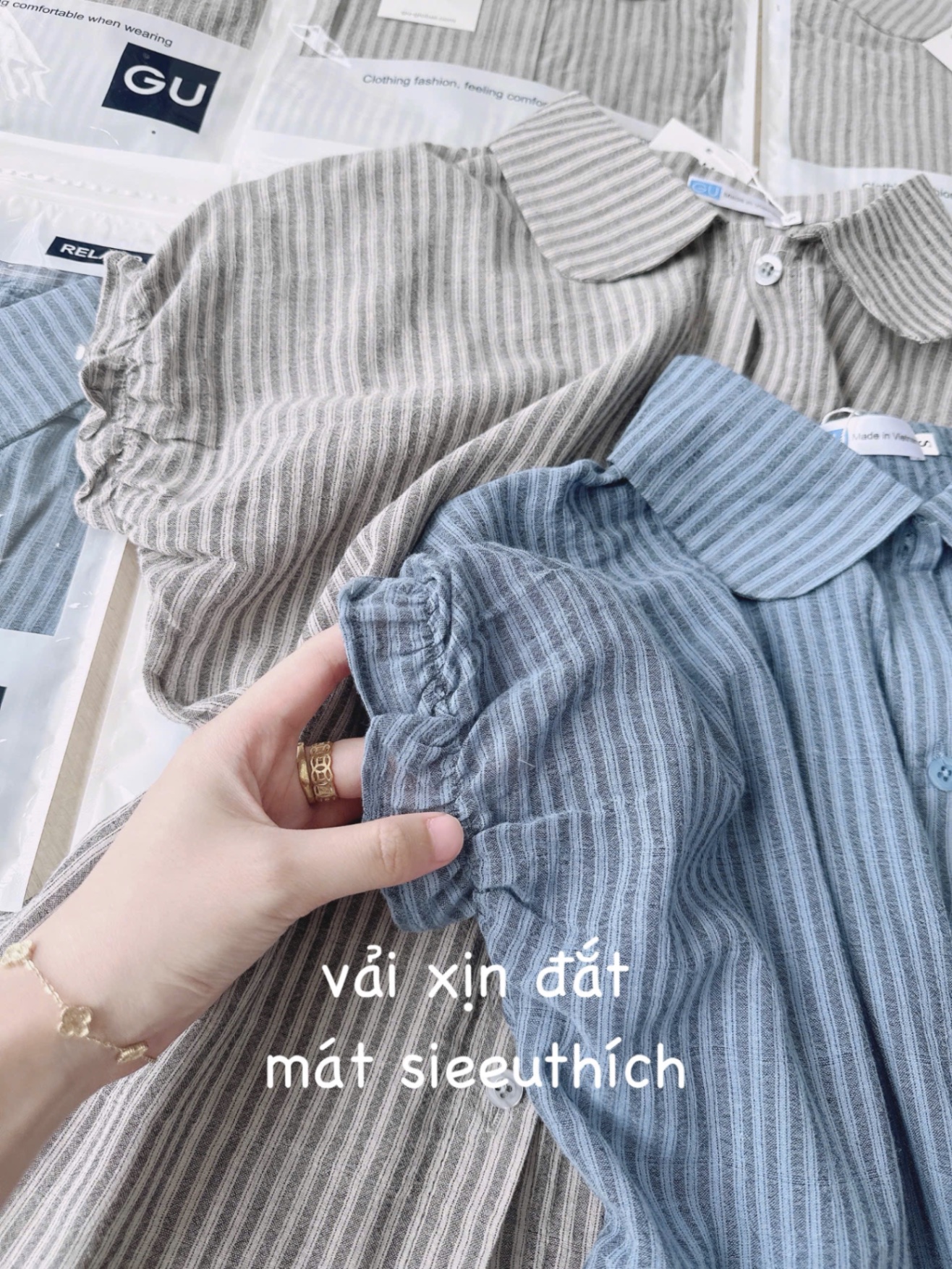 ANU211 - ÁO SƠ MI NỮ GU SỌC CỔ SEN TAY CHUN BÈO