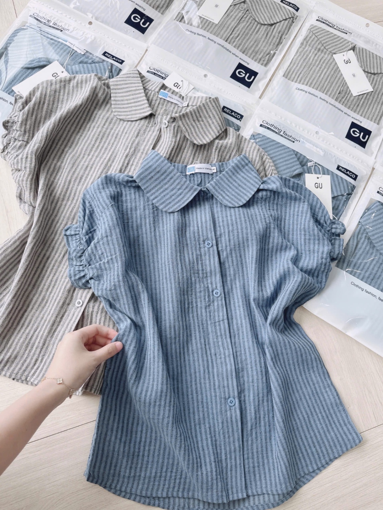 ANU211 - ÁO SƠ MI NỮ GU SỌC CỔ SEN TAY CHUN BÈO