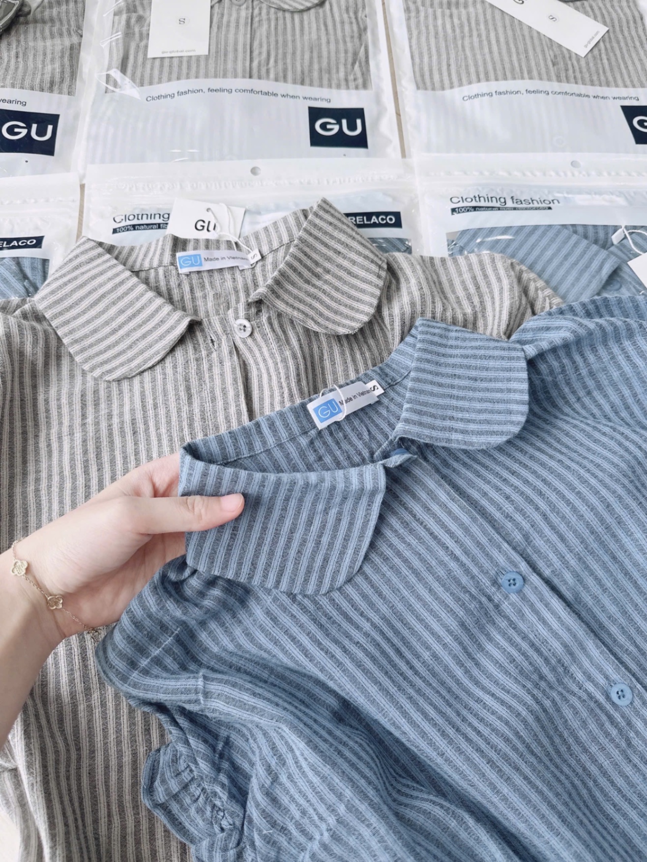 ANU211 - ÁO SƠ MI NỮ GU SỌC CỔ SEN TAY CHUN BÈO
