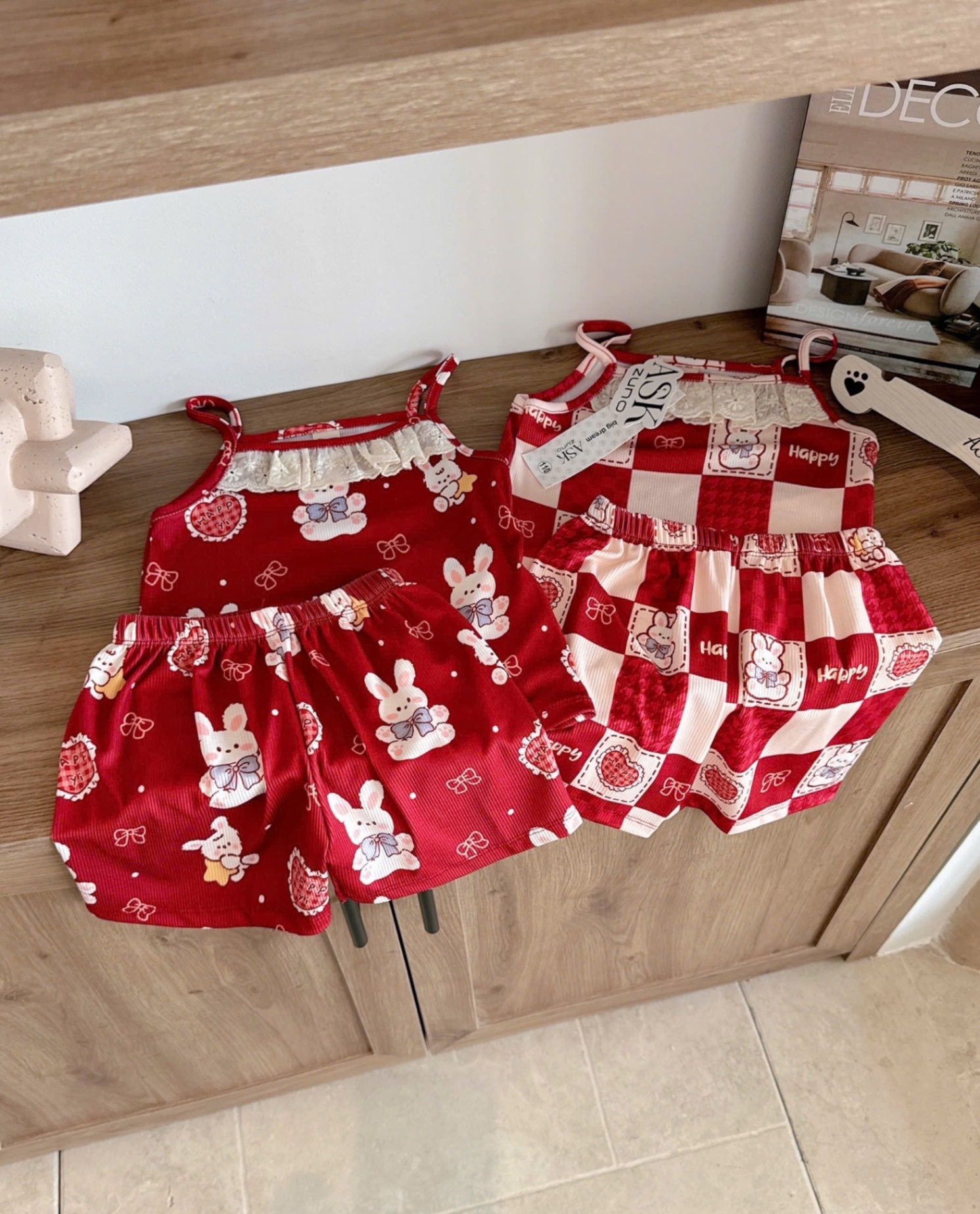 G582 - SET 2 BỘ ĐÙI BÉ GÁI TĂM 2S THỎ NƠ HAPPY ĐỎ