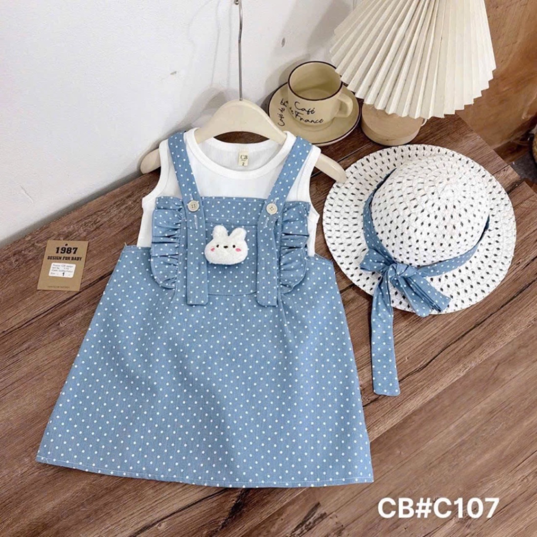 G583 - SET YẾM BÒ BÉ GÁI CHẤM BI MIX ÁO TRẮNG KÈM MŨ