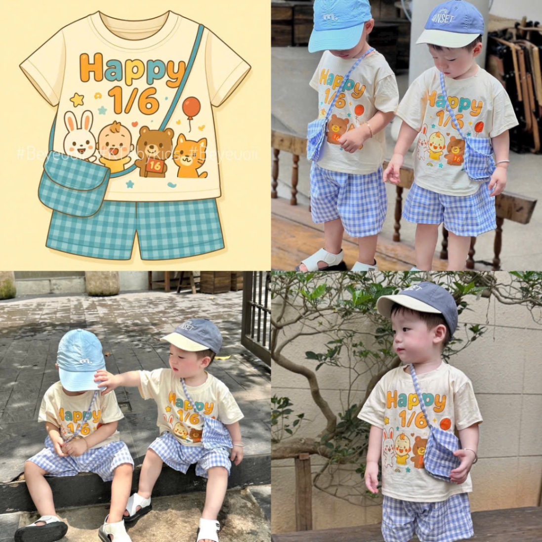 G584 - BỘ ĐÙI BÉ HÌNH THÚ HAPPY 1/6 KÈM TÚI