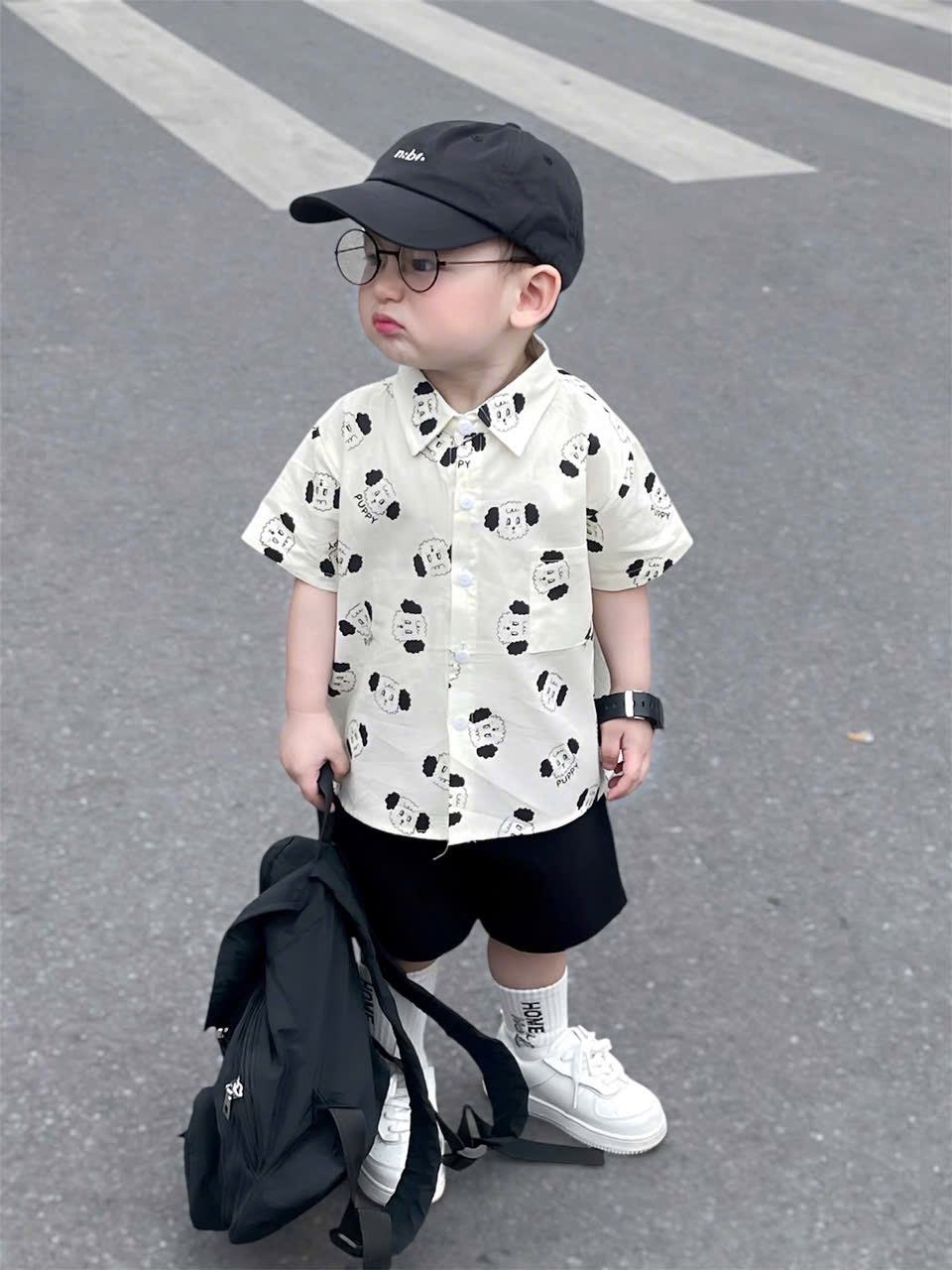 T639 - BỘ ĐÙI BÉ TRAI ÁO SƠ MI CHÓ PUPPY QUẦN ĐEN
