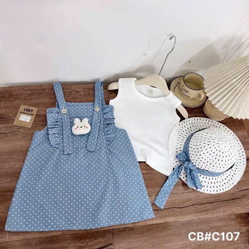 G583 - SET YẾM BÒ BÉ GÁI CHẤM BI MIX ÁO TRẮNG KÈM MŨ