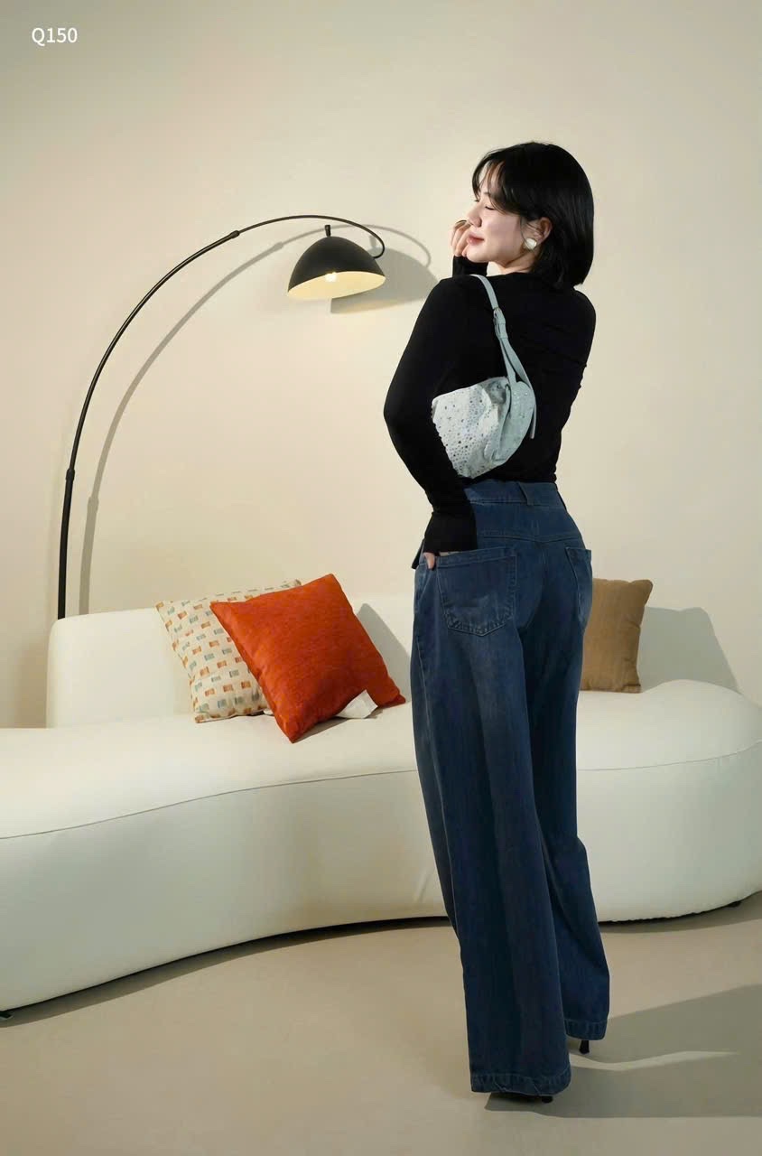 QNU587 - QUẦN JEANS SUÔNG XANH ĐẬM 2 TÚI TRƯỚC
