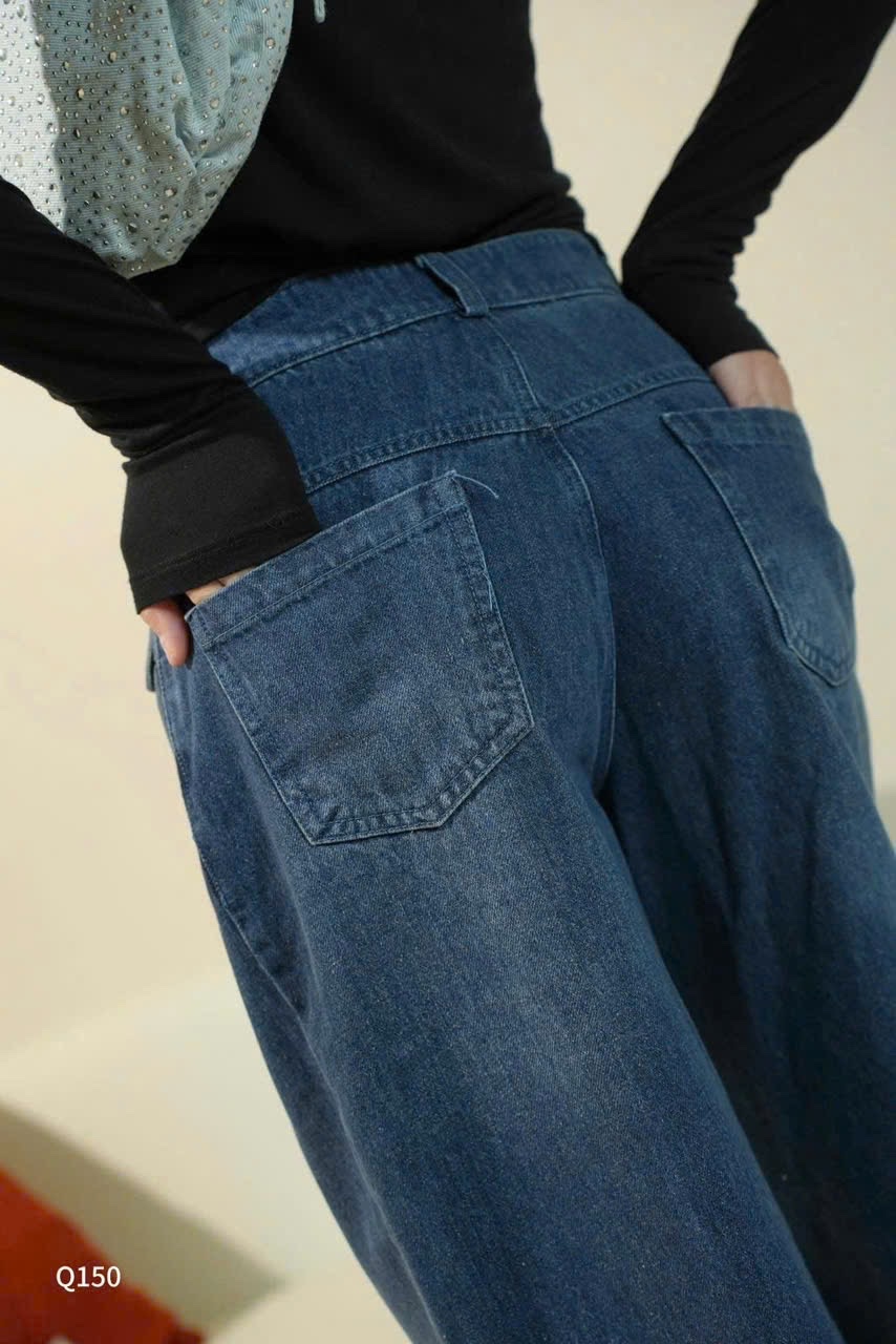 QNU587 - QUẦN JEANS SUÔNG XANH ĐẬM 2 TÚI TRƯỚC