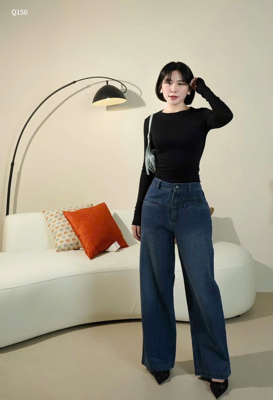 QNU587 - QUẦN JEANS SUÔNG XANH ĐẬM 2 TÚI TRƯỚC