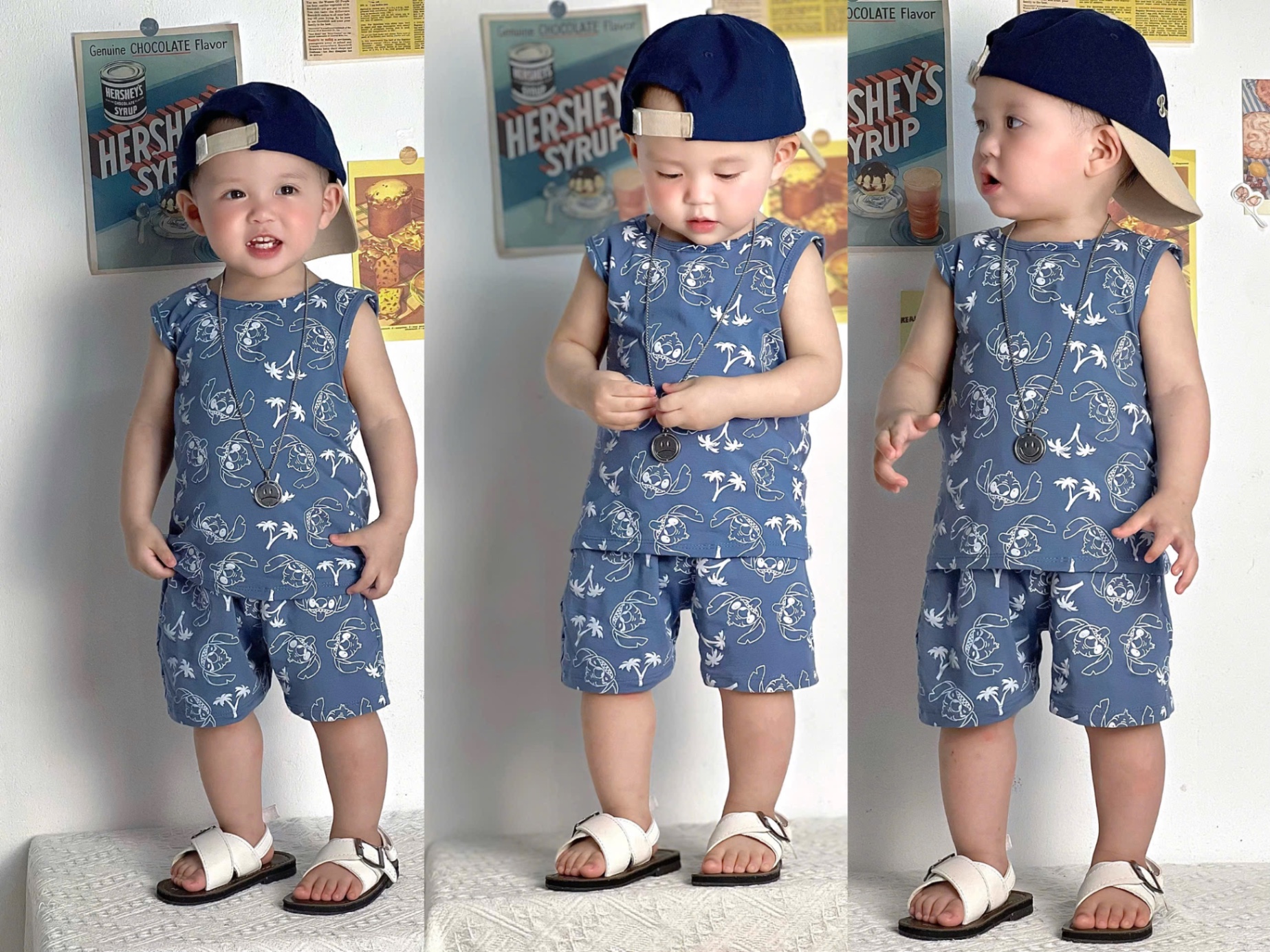 T641 - SET 2 BỘ ĐÙI BÉ TRAI BA LỖ CÂY DỪA xanh trắng