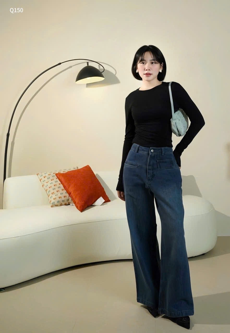 QNU587 - QUẦN JEANS SUÔNG XANH ĐẬM 2 TÚI TRƯỚC