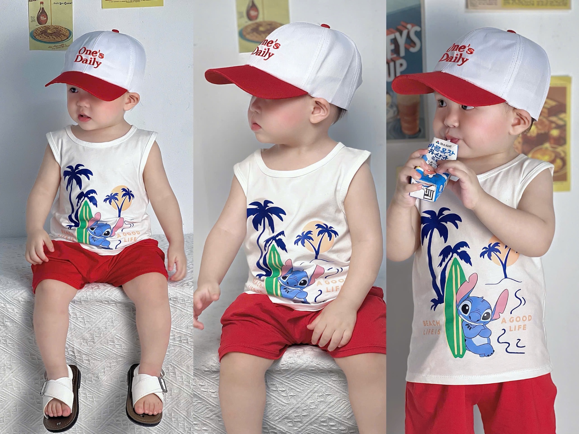 T641 - SET 2 BỘ ĐÙI BÉ TRAI BA LỖ CÂY DỪA xanh trắng