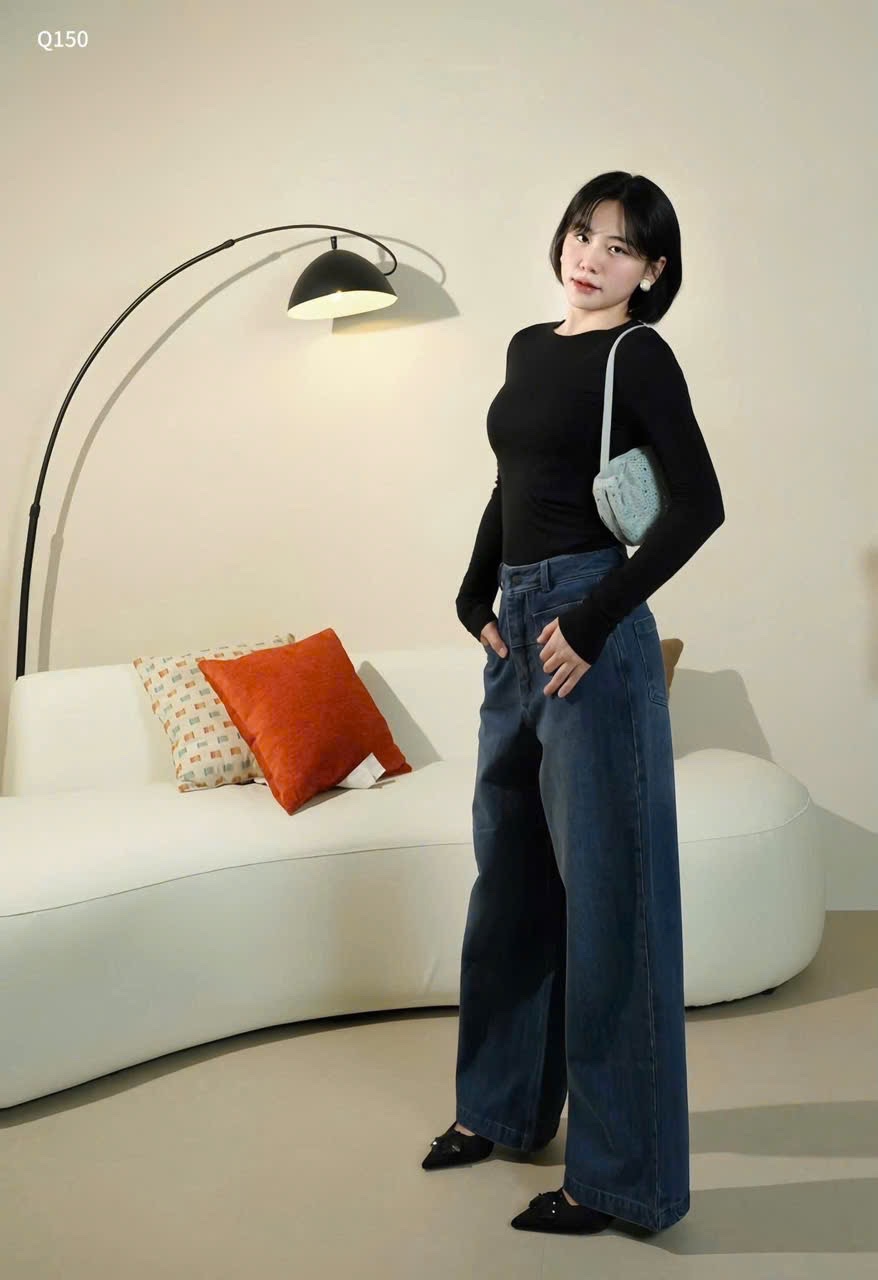 QNU587 - QUẦN JEANS SUÔNG XANH ĐẬM 2 TÚI TRƯỚC
