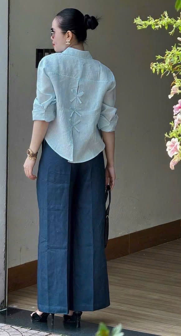 ANU215 - ÁO SƠ MI NỮ GU XANH DÀI TAY NƠ SAU