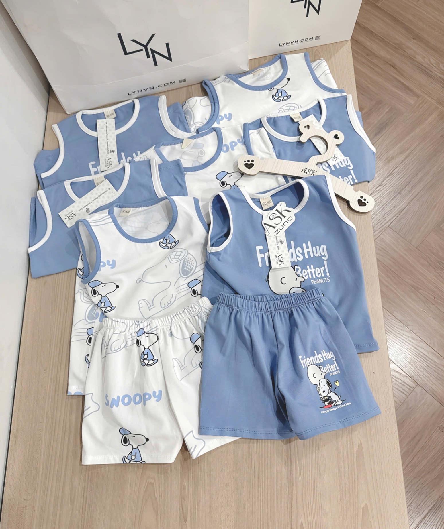 T646 - SET 2 BỘ ĐÙI BÉ TRAI BA LỖ CHÓ SNOOPY xanh trắng