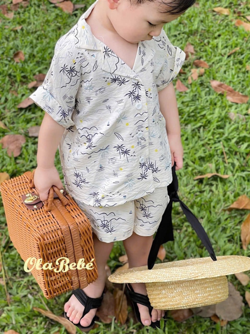 T648 - BỘ ĐÙI PYJAMA BÉ TRAI CÂY DỪA SÓNG BIỂN