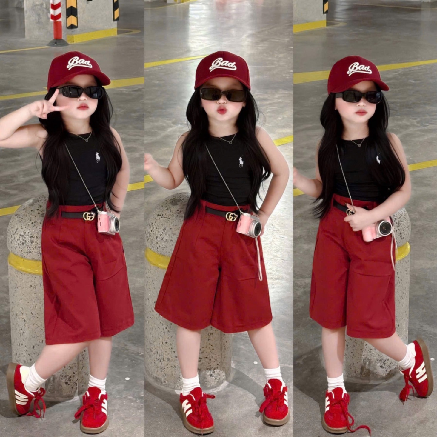 (hàng chờ) G590 - SET BÉ GÁI ÁO BA LỖ ĐEN NGỰA QUẦN NGỐ ĐỎ