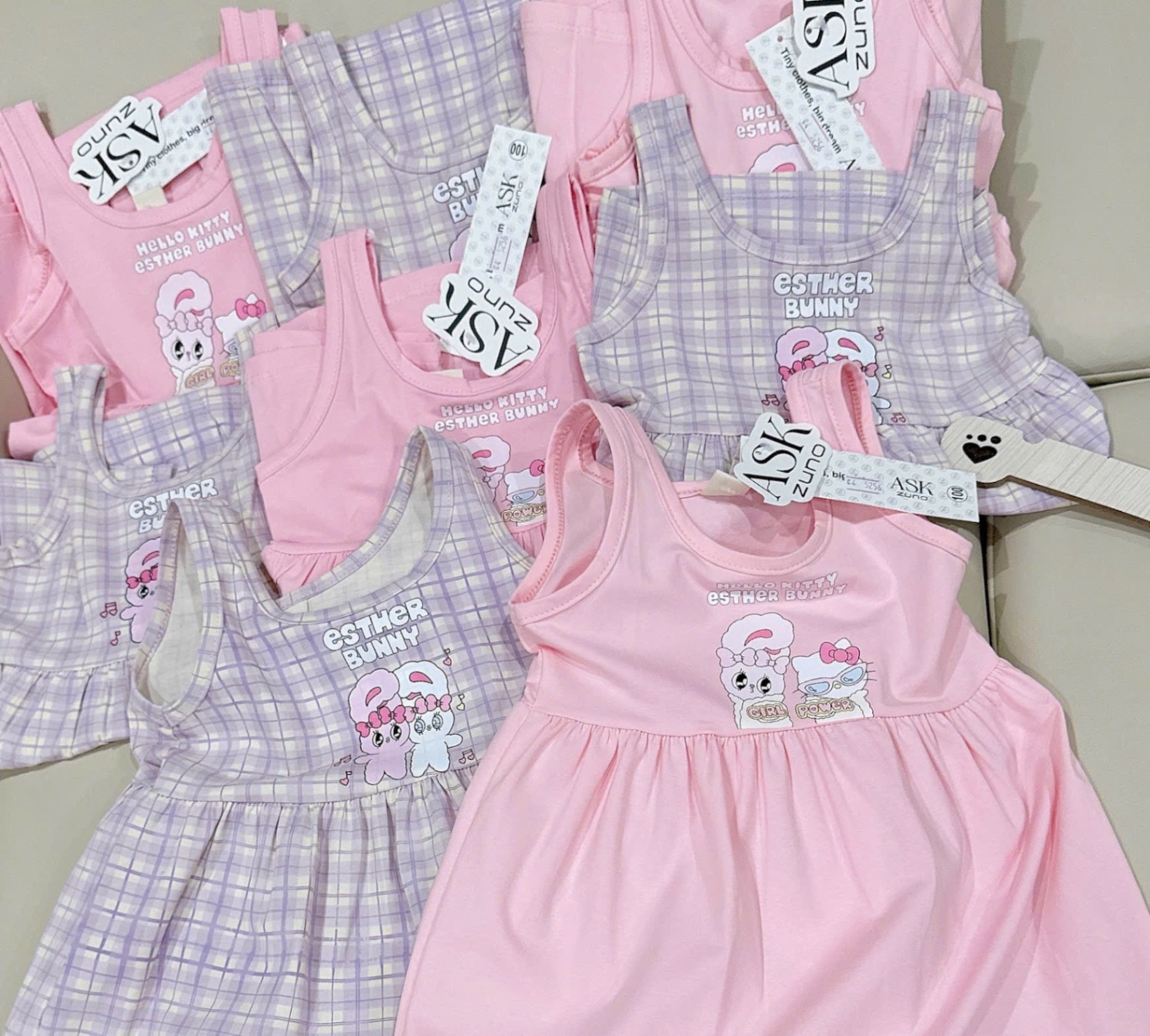VB536 - SET 2 VÁY BÉ GÁI SÁT NÁCH THỎ BUNNY hồng tím kẻ