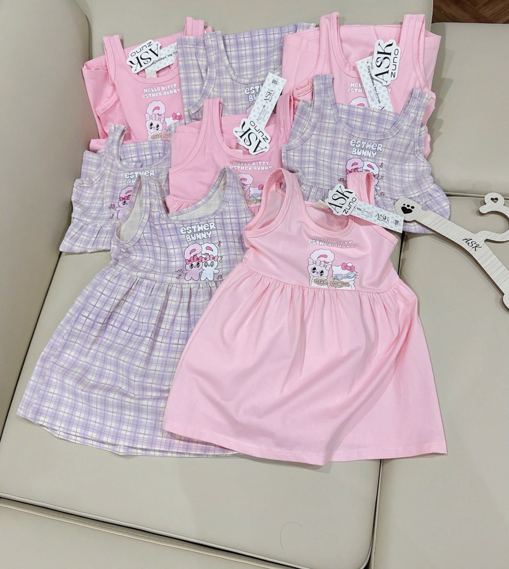 VB536 - SET 2 VÁY BÉ GÁI SÁT NÁCH THỎ BUNNY hồng tím kẻ