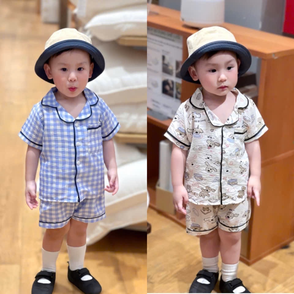 T652 - SET 2 BỘ ĐÙI BÉ TRAI PYJAMA XANH KẺ CHÓ