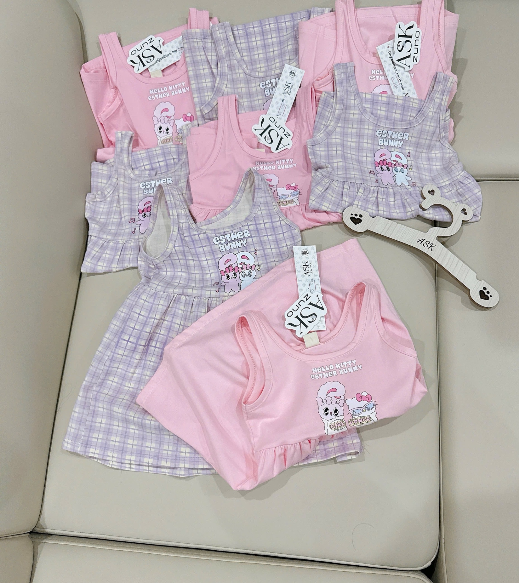 VB536 - SET 2 VÁY BÉ GÁI SÁT NÁCH THỎ BUNNY hồng tím kẻ