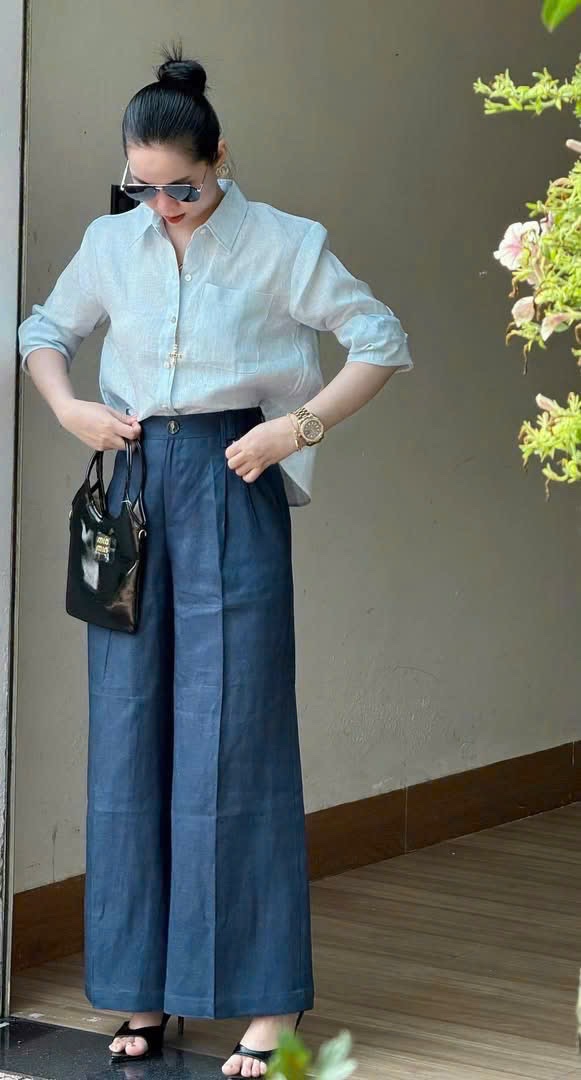 ANU215 - ÁO SƠ MI NỮ GU XANH DÀI TAY NƠ SAU