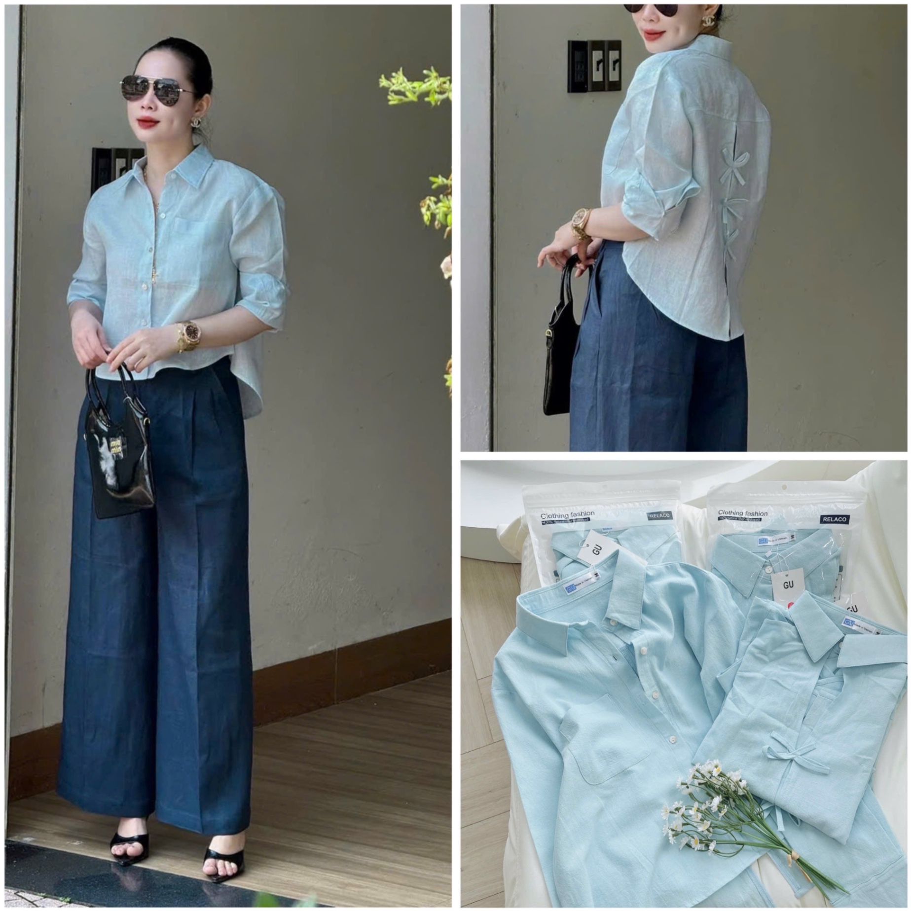 ANU215 - ÁO SƠ MI NỮ GU XANH DÀI TAY NƠ SAU