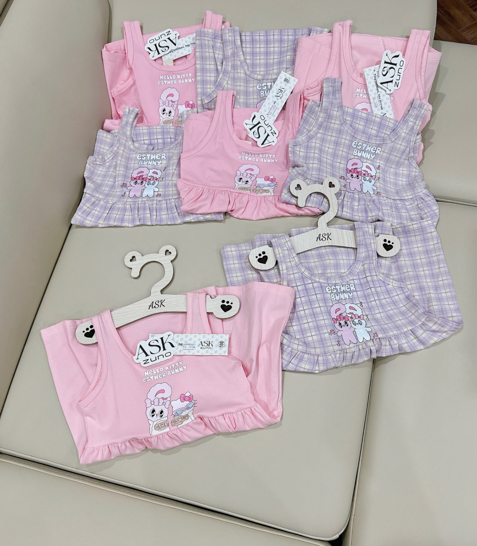 VB536 - SET 2 VÁY BÉ GÁI SÁT NÁCH THỎ BUNNY hồng tím kẻ