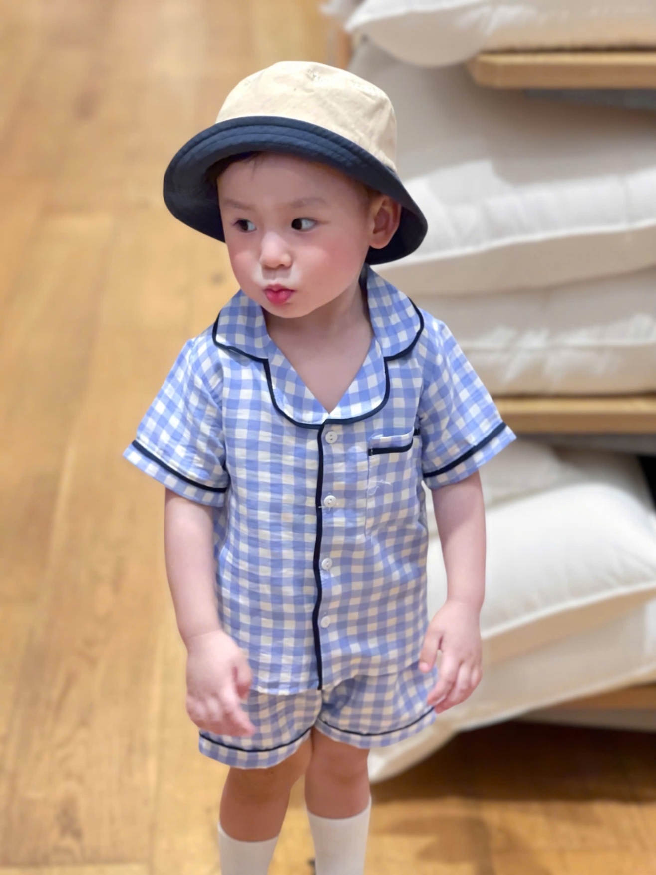 T652 - SET 2 BỘ ĐÙI BÉ TRAI PYJAMA XANH KẺ CHÓ