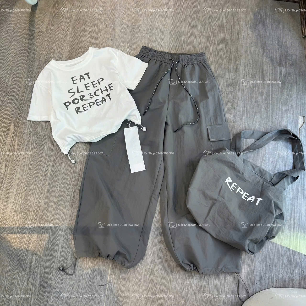 S964 - SET NỮ 3CT ÁO TRẮNG SLEEP QUẦN GIÓ KÈM TÚI