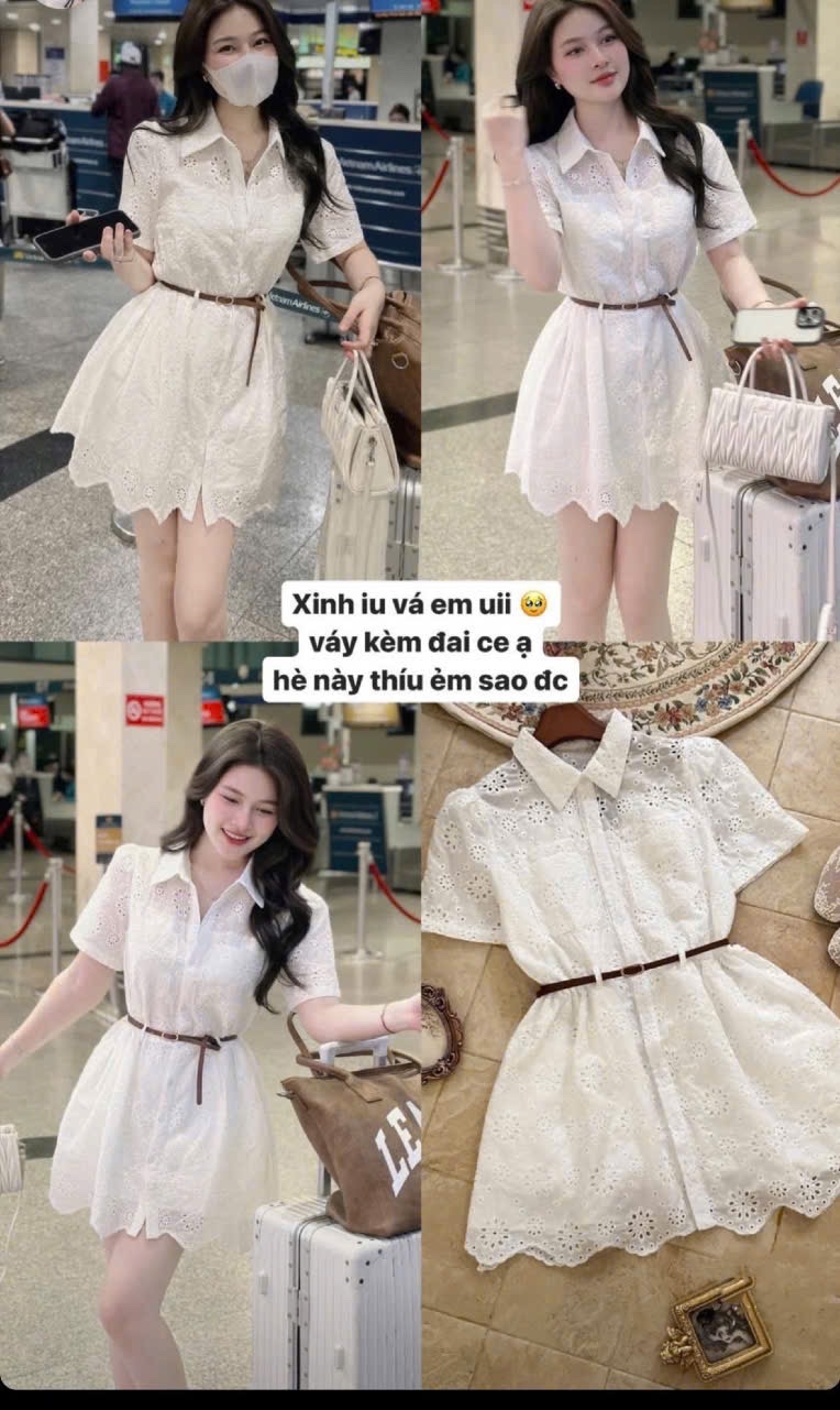 V470 - VÁY THÔ BOI TRẮNG THÊU HOA CỔ SƠ MI KÈM ĐAI